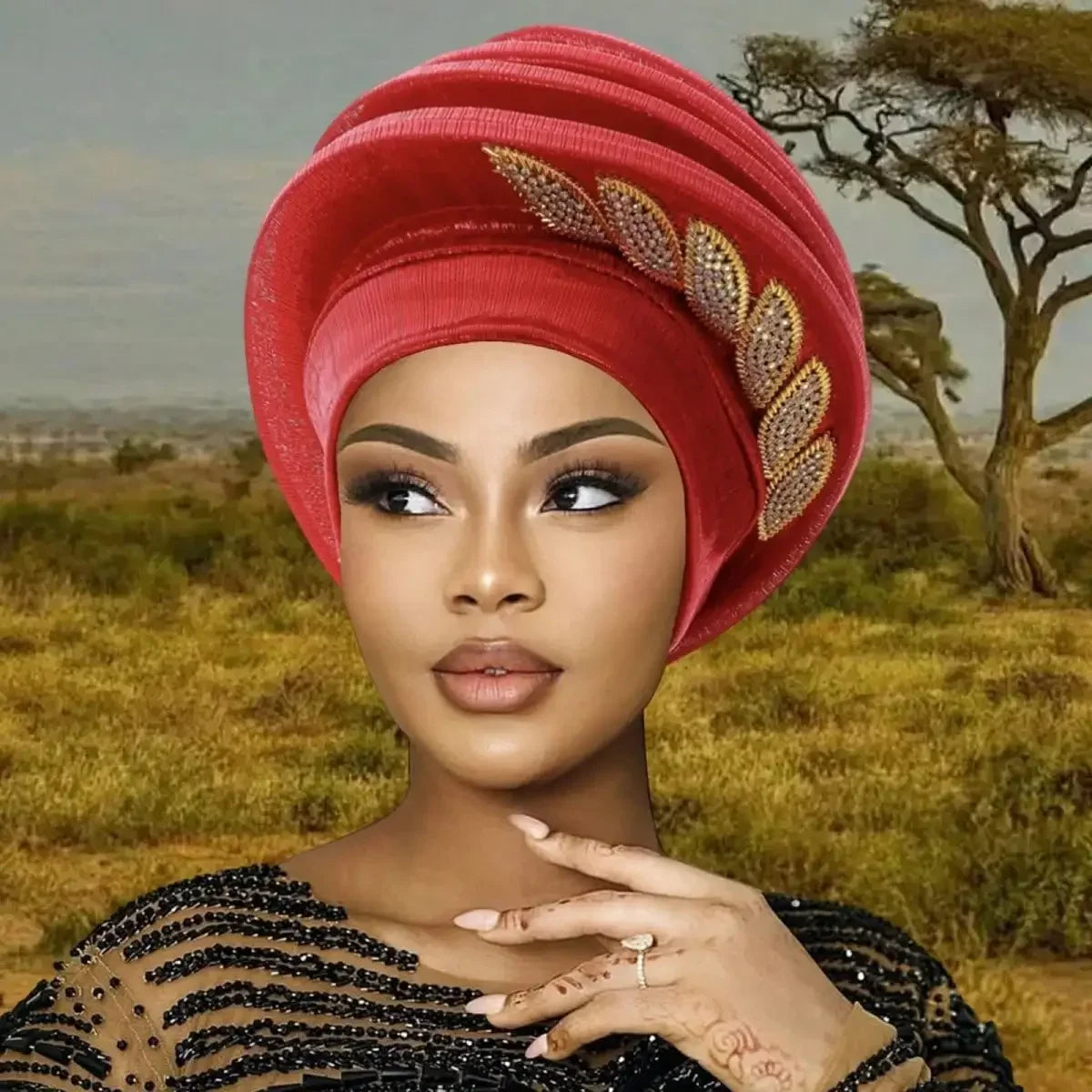Elegant Chiffon Pleated Leaves African Turban Hat For Women
