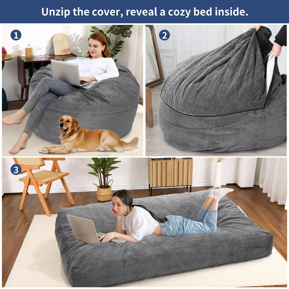 HiMISS Convertible Bean Bag Chair Bed With Washable Cover