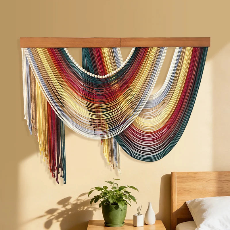 Bohemian Cotton Macrame Wall Hanging Tapestry Fringe Wooden Accent