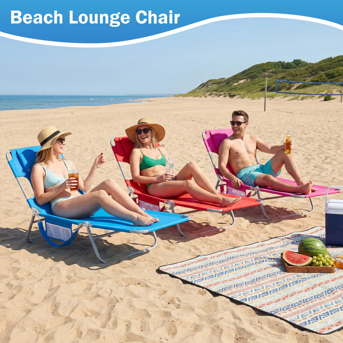 Jhk Adjustable 5-Position Reclining Beach Lounge Chair Open Arms Foldable