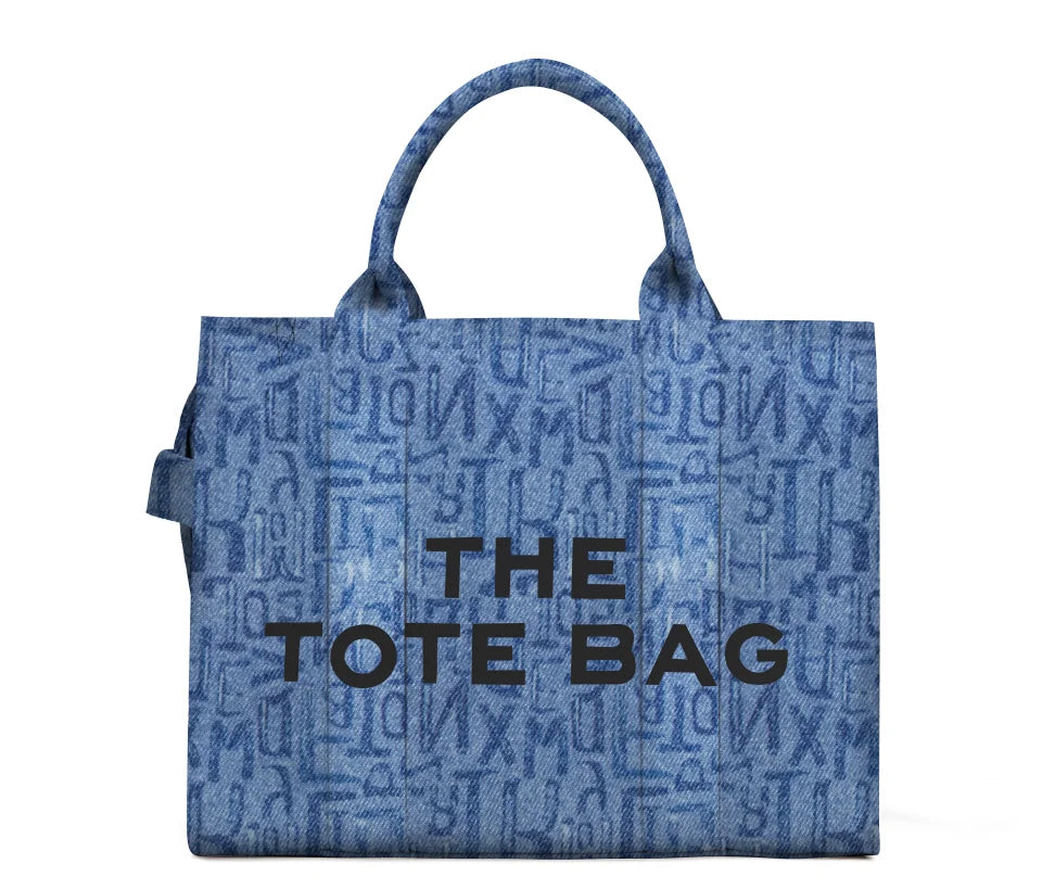 Denim Canvas Tote Bag With Zipper And Shoulder Strap