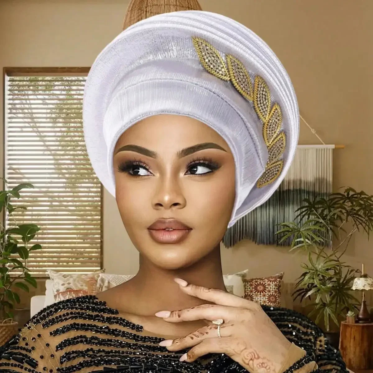 Elegant Chiffon Pleated Leaves African Turban Hat For Women