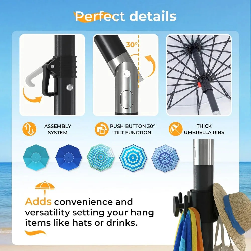 NBVCX Windproof Beach Umbrella With Adjustable Aluminum Pole And Anchor