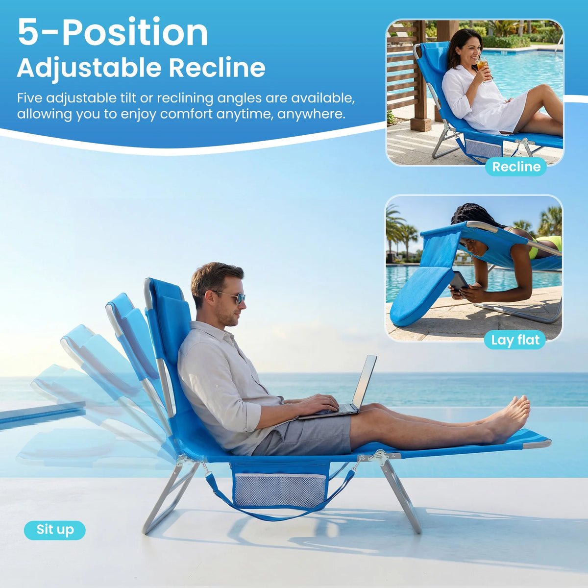 Jhk Adjustable 5-Position Reclining Beach Lounge Chair Open Arms Foldable