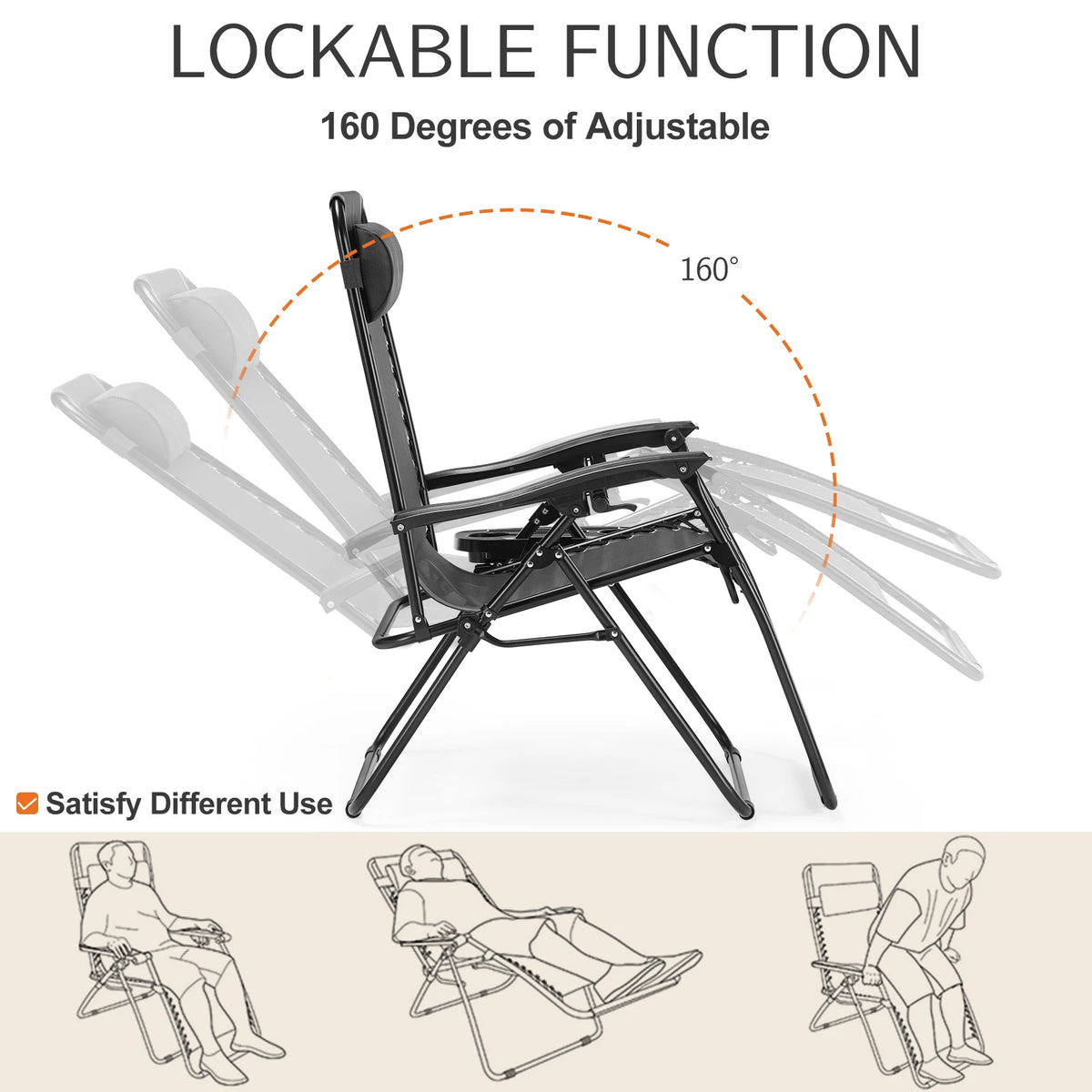 JHK Zero Gravity Folding Outdoor Lounge Chair With Cup Holder Tray
