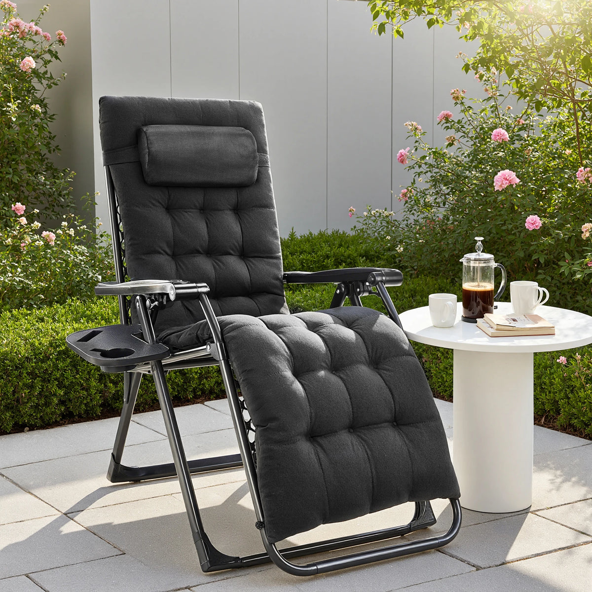 JHK Zero Gravity Folding Outdoor Lounge Chair With Cup Holder Tray