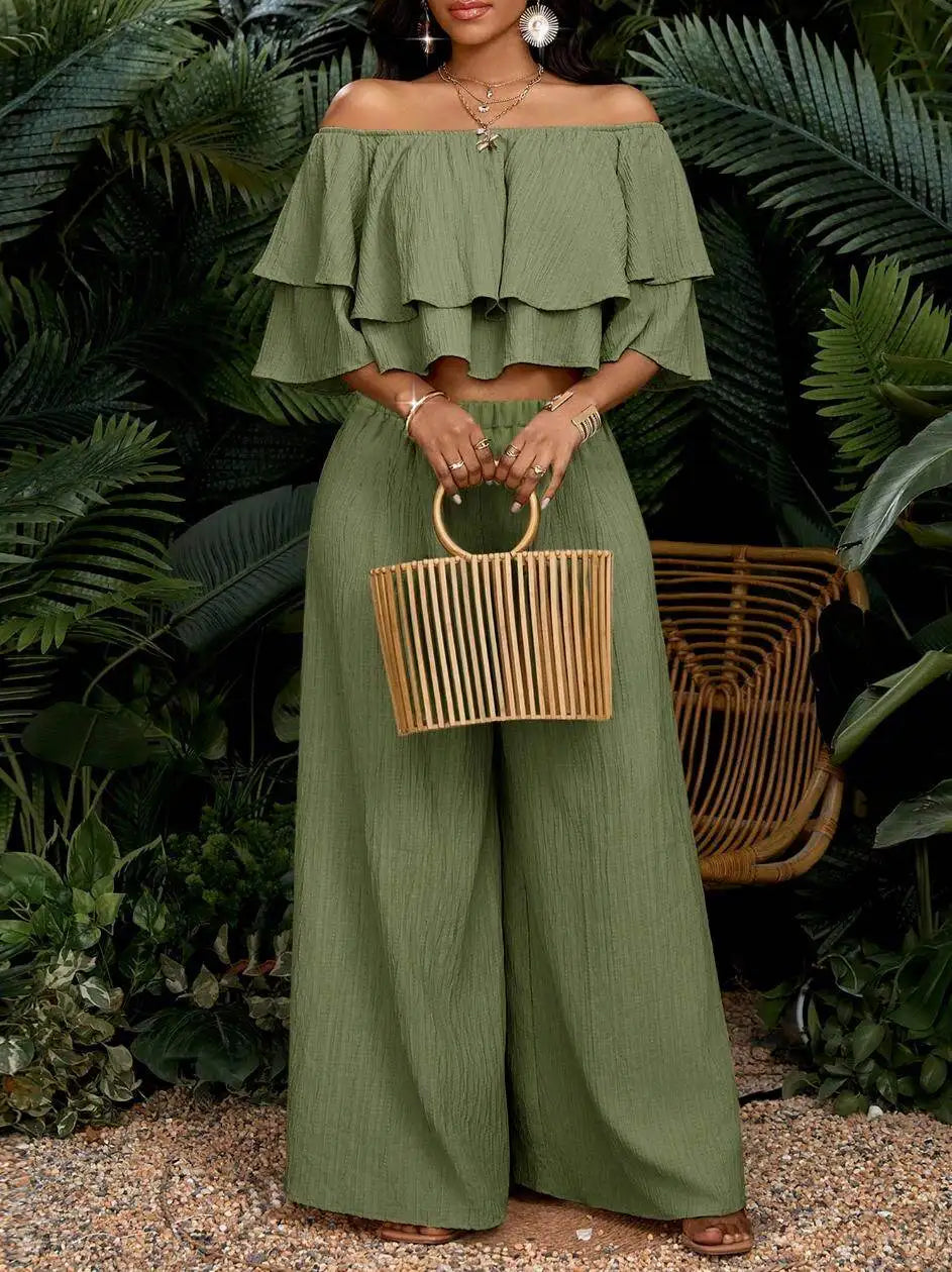 Women's Off Shoulder Ruffle Crop Top With Wide Leg Pants