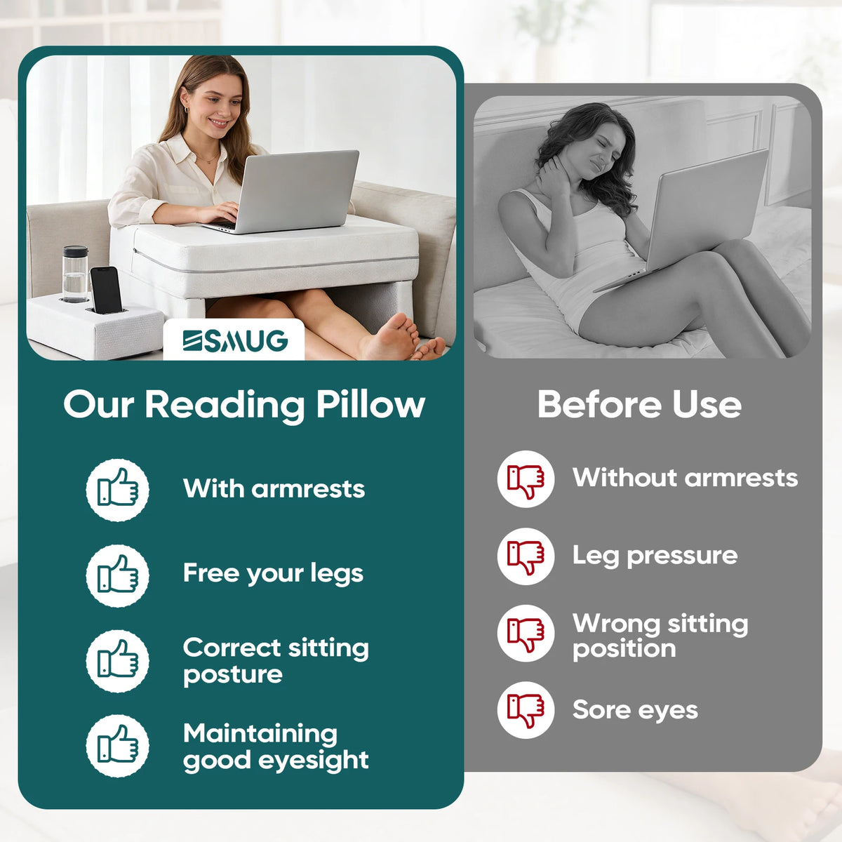 JHK Square Memory Foam Reading Pillow With Ventilated Cooling Support
