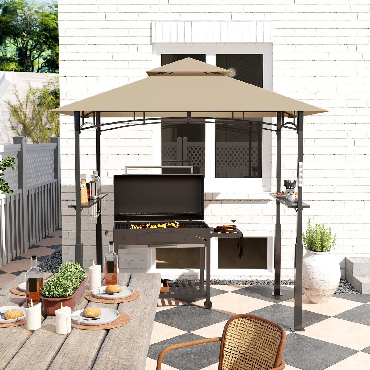 Outsunny Two Tier Outdoor Grill Gazebo With Flame Retardant Canopy