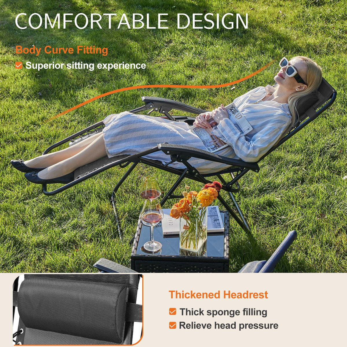 JHK Zero Gravity Folding Outdoor Lounge Chair With Cup Holder Tray