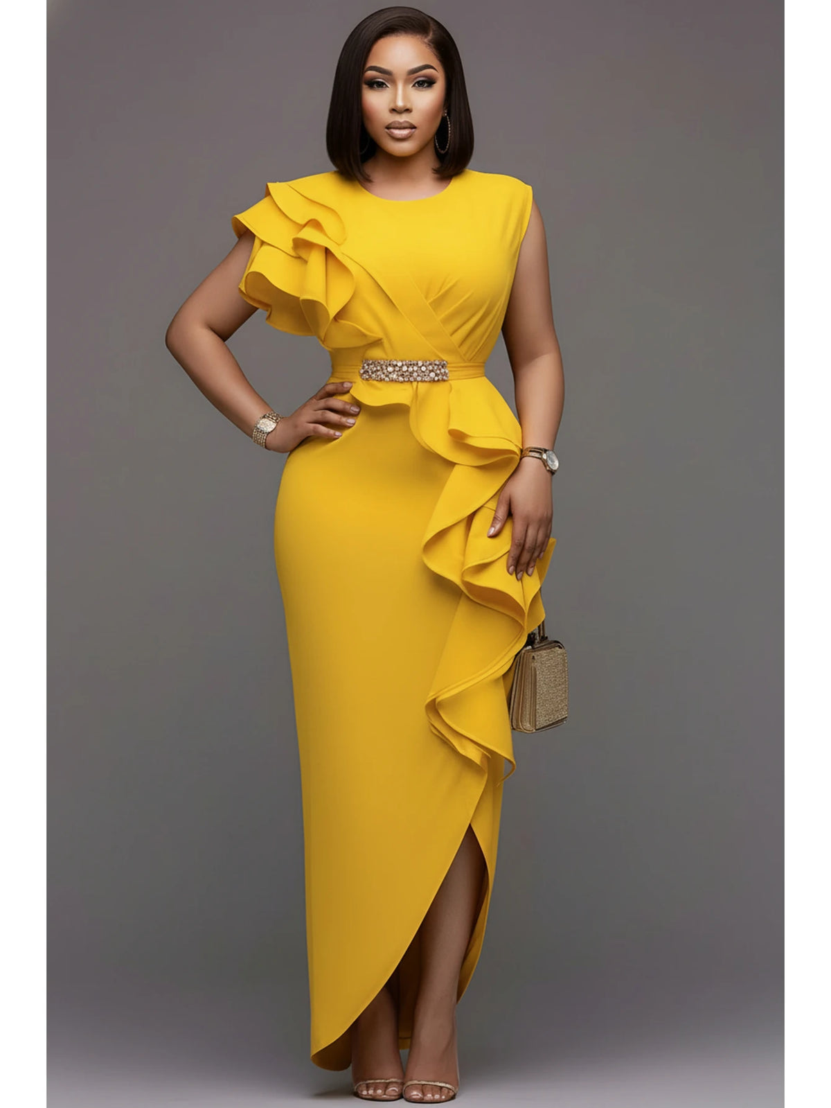 Women's Ruffle Split Maxi Bodycon Evening Party Dress