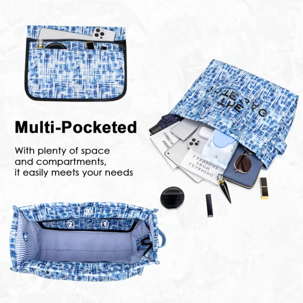 Denim Canvas Tote Bag With Zipper And Shoulder Strap