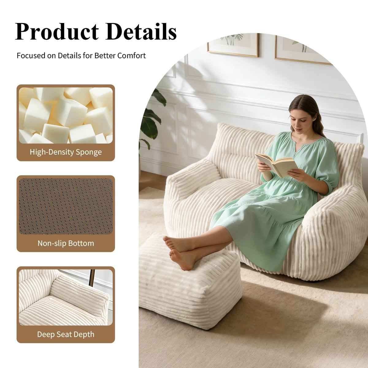 Oversized Bean Bag Chair With Armrests For Cozy Living Rooms