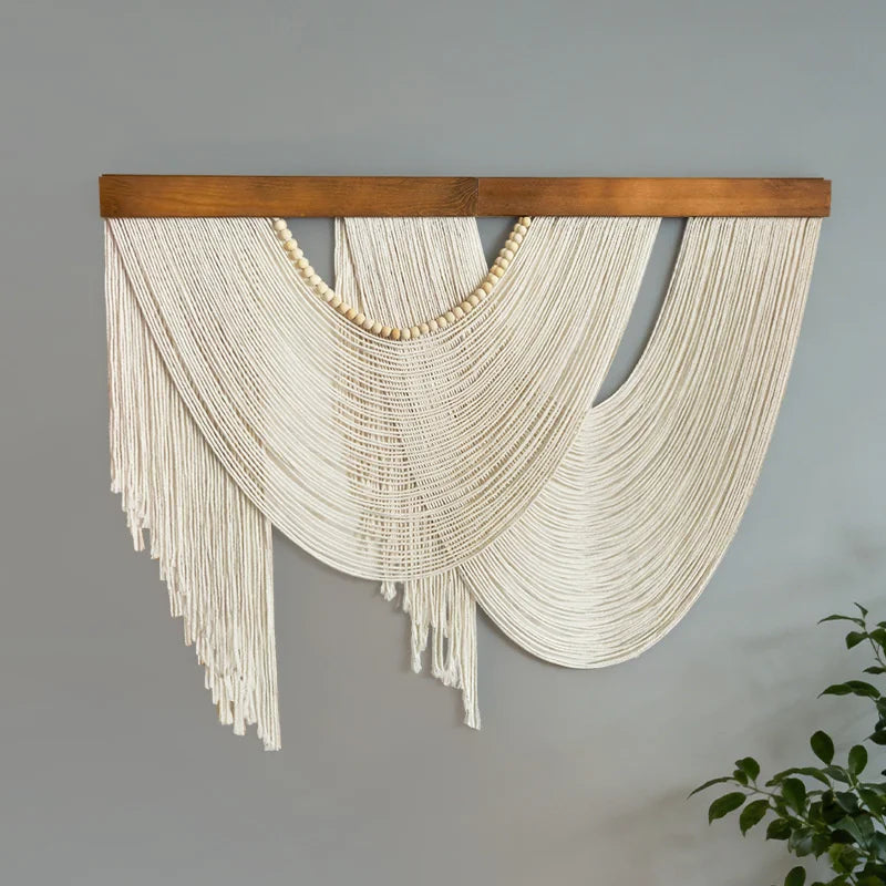 Bohemian Cotton Macrame Wall Hanging Tapestry Fringe Wooden Accent