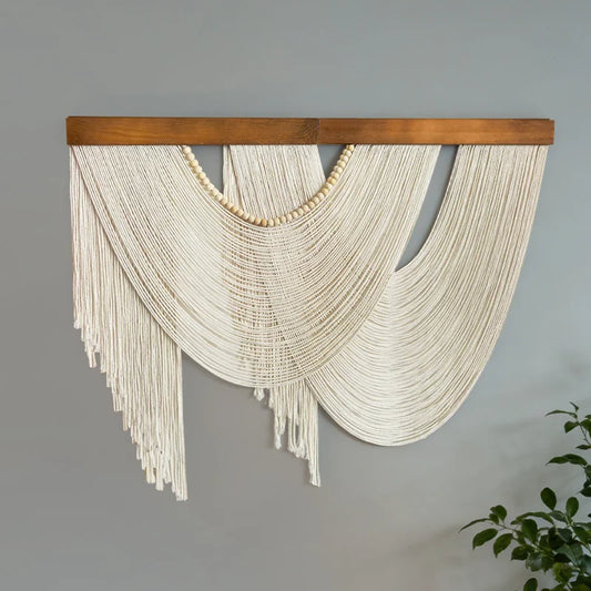 Bohemian Cotton Macrame Wall Hanging Tapestry Fringe Wooden Accent