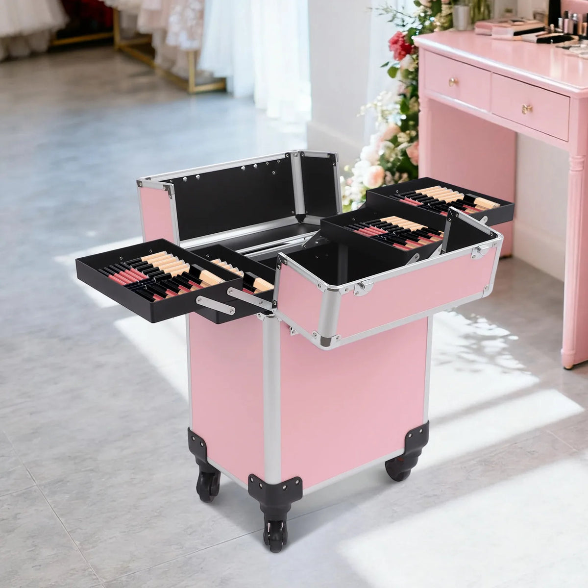 Professional Rolling Makeup Train Case With Removable Drawers