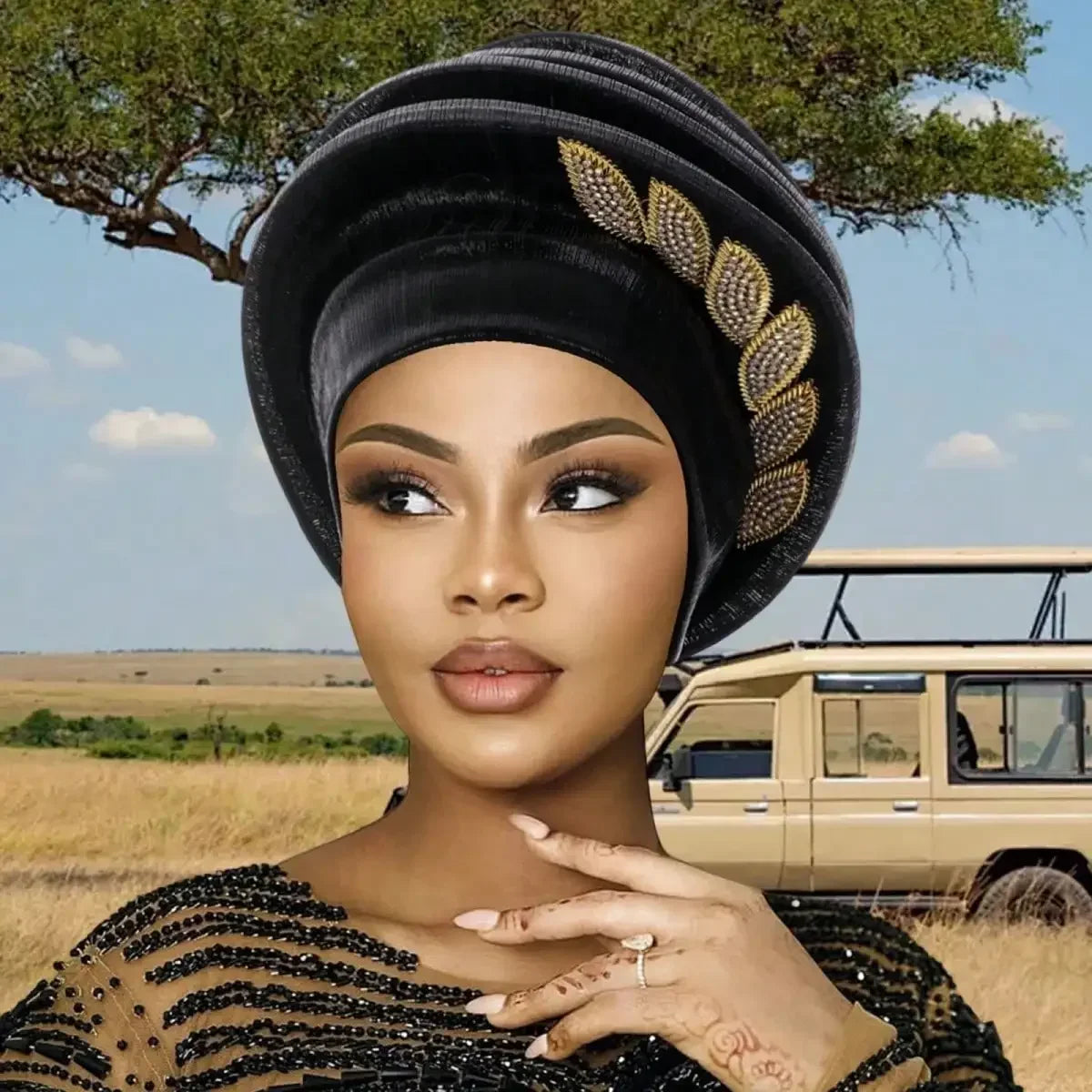 Elegant Chiffon Pleated Leaves African Turban Hat For Women