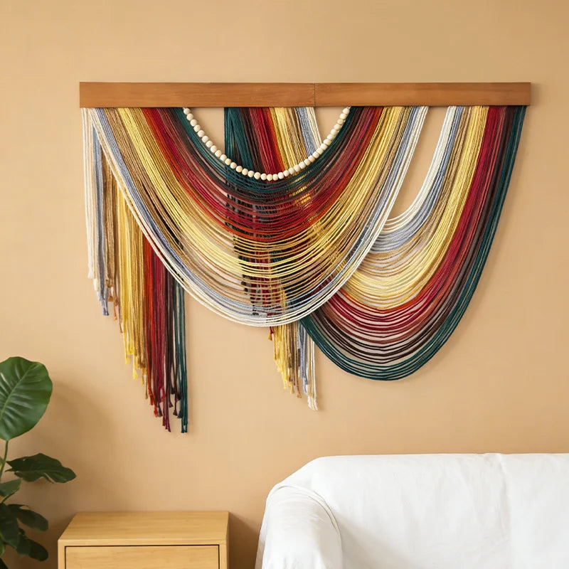 Bohemian Cotton Macrame Wall Hanging Tapestry Fringe Wooden Accent