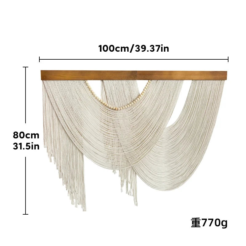 Bohemian Cotton Macrame Wall Hanging Tapestry Fringe Wooden Accent