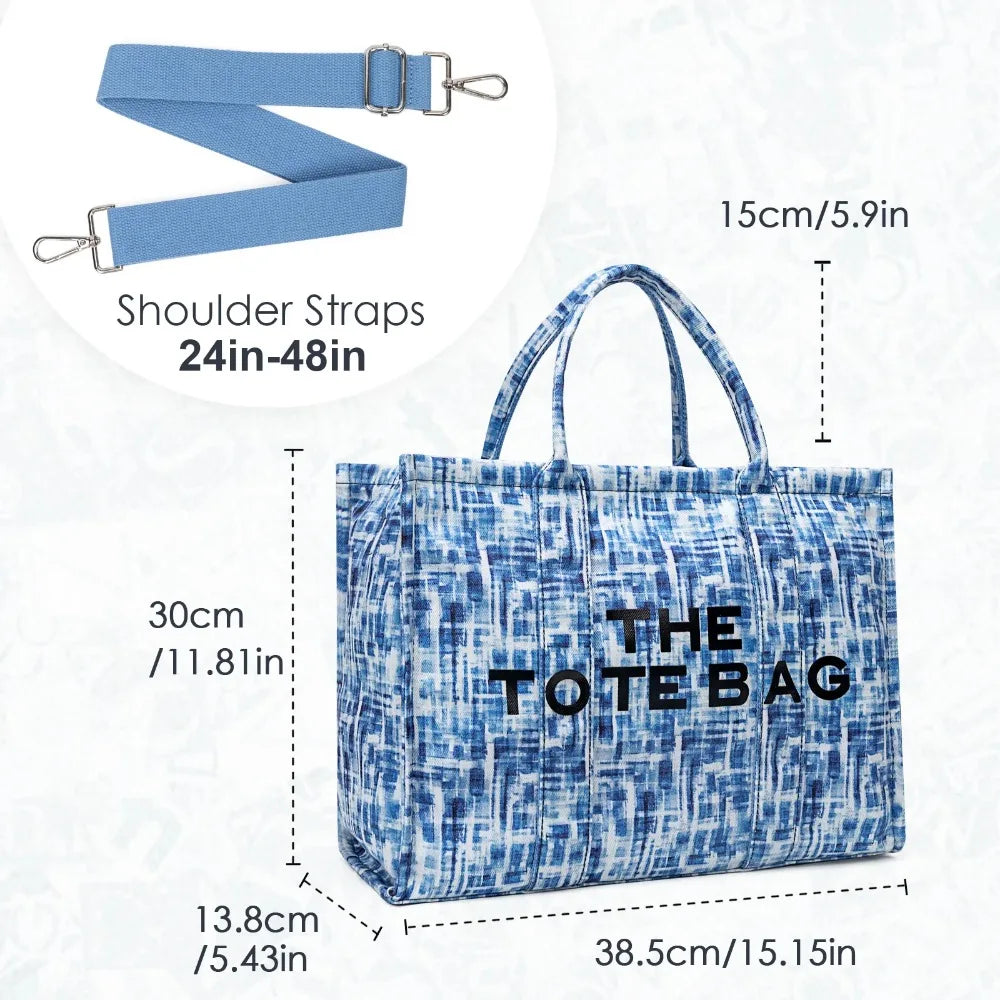 Denim Canvas Tote Bag With Zipper And Shoulder Strap