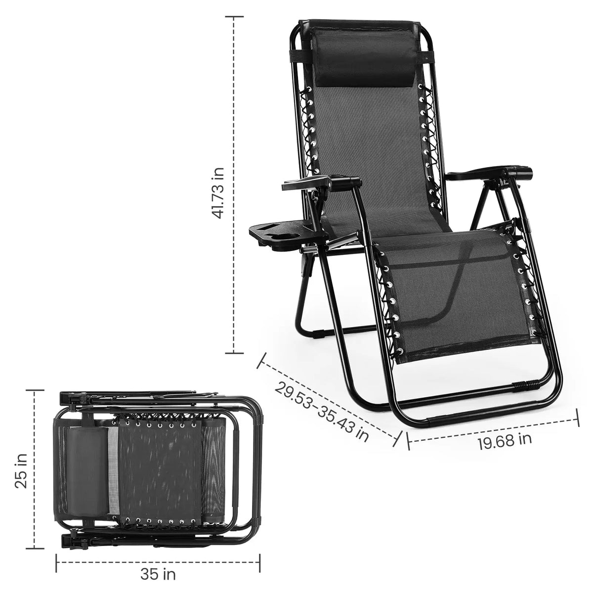 JHK Zero Gravity Folding Outdoor Lounge Chair With Cup Holder Tray
