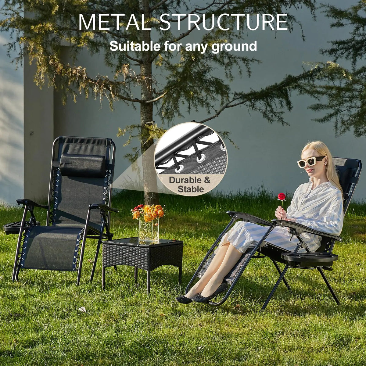 JHK Zero Gravity Folding Outdoor Lounge Chair With Cup Holder Tray