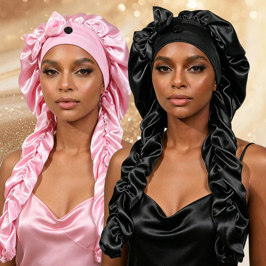 Heatless Satin Sleep Bonnet With Curling Ribbons For Hair