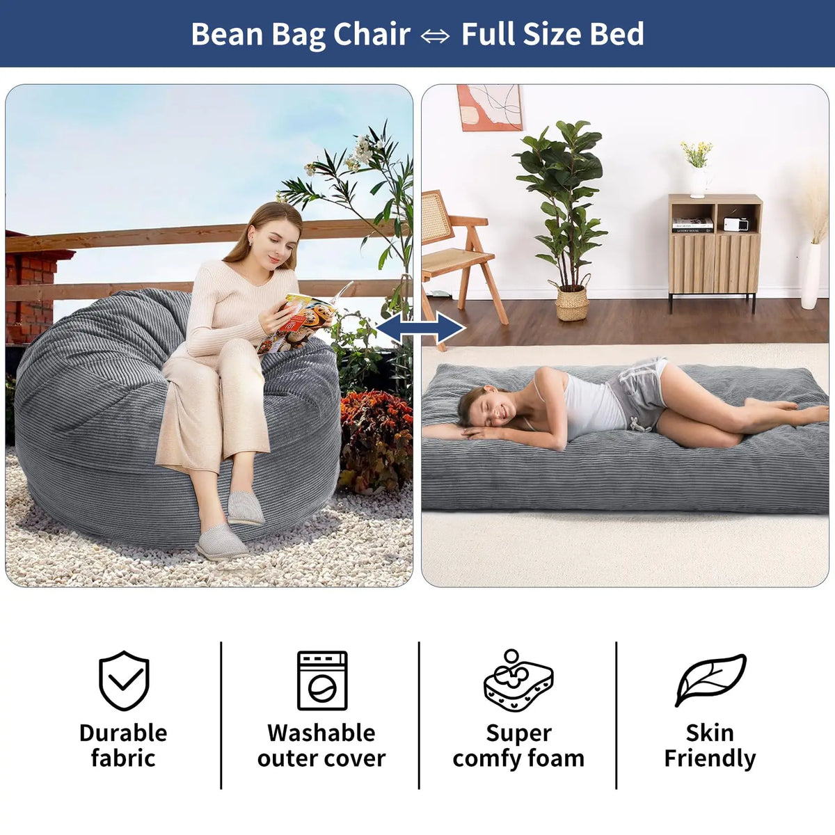 HiMISS Convertible Bean Bag Chair Bed With Washable Cover