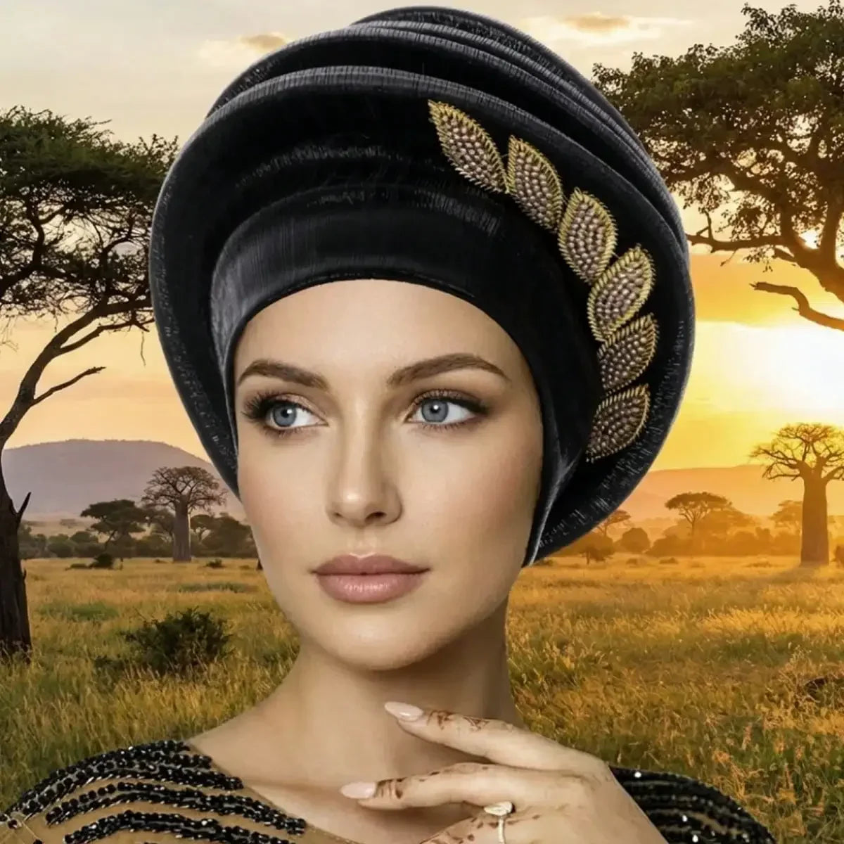 Elegant Chiffon Pleated Leaves African Turban Hat For Women