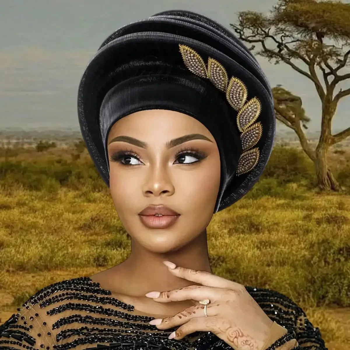 Elegant Chiffon Pleated Leaves African Turban Hat For Women