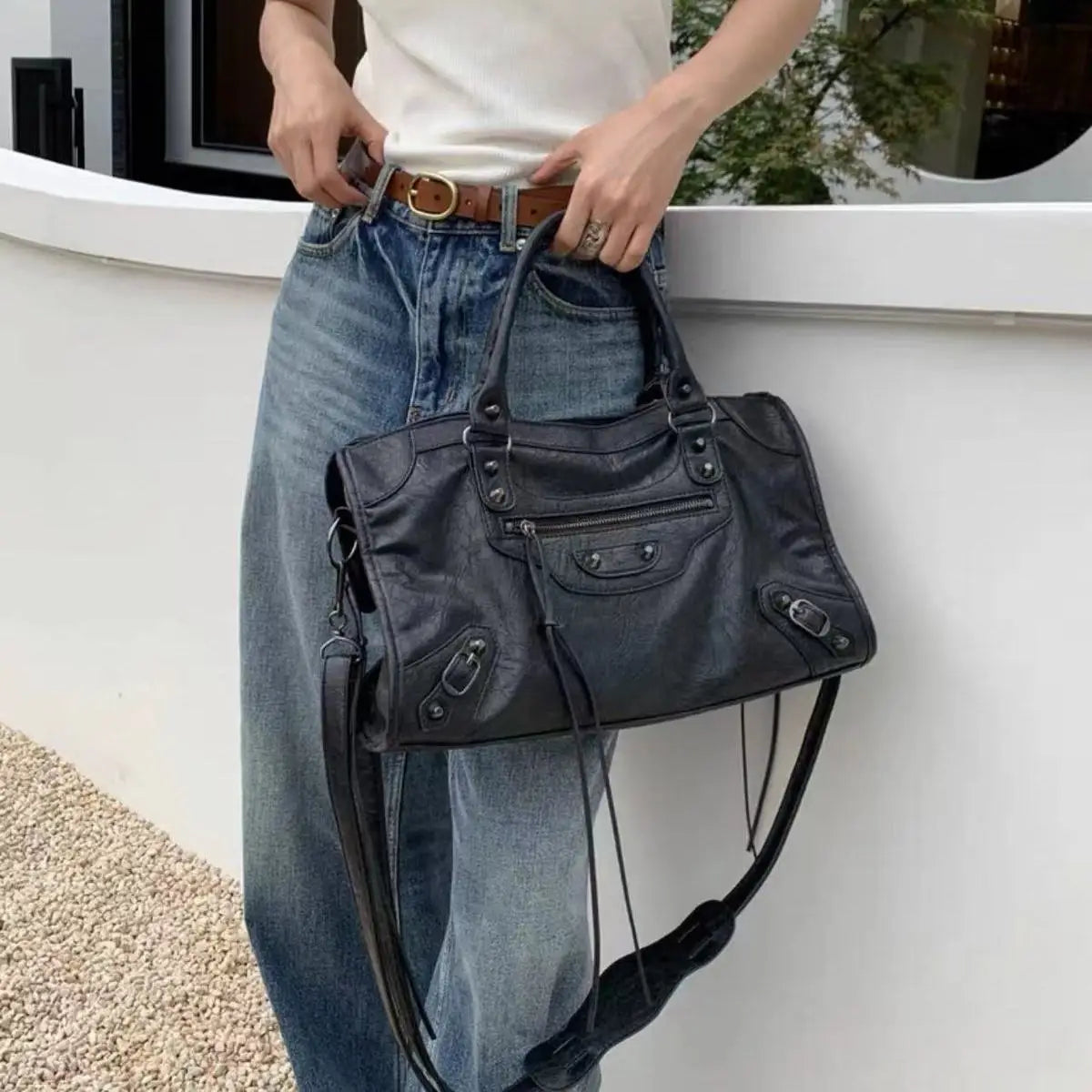 Women's Trendy Motorcycle Saddle Bag TPU Leather Shoulder Handbag