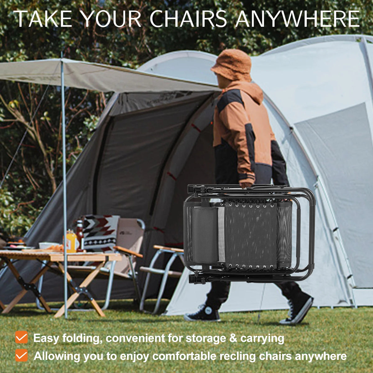 JHK Zero Gravity Folding Outdoor Lounge Chair With Cup Holder Tray
