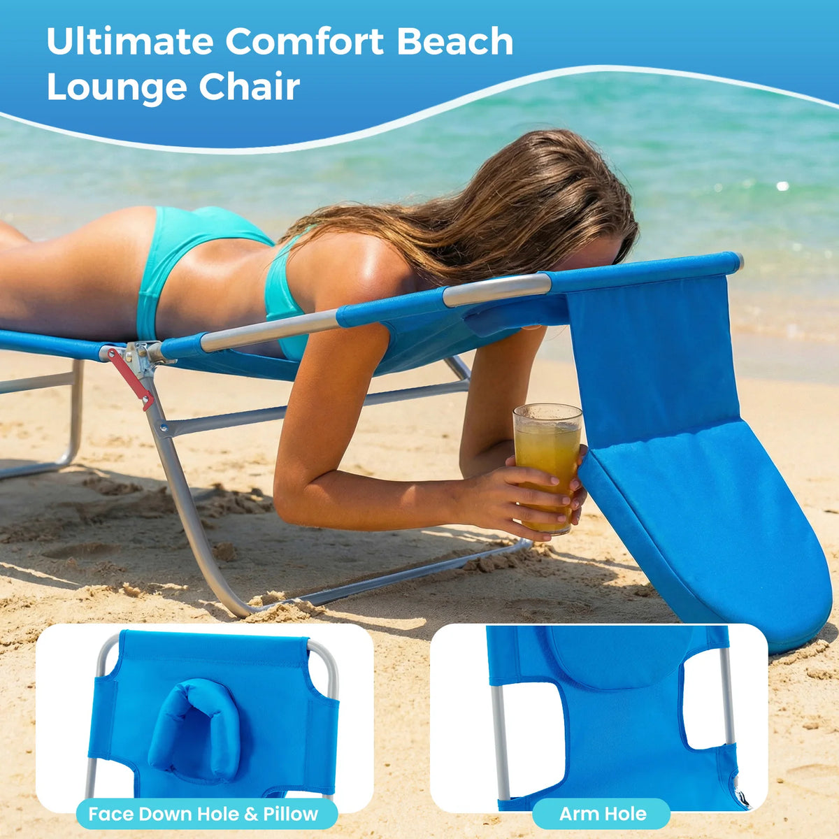 Jhk Adjustable 5-Position Reclining Beach Lounge Chair Open Arms Foldable