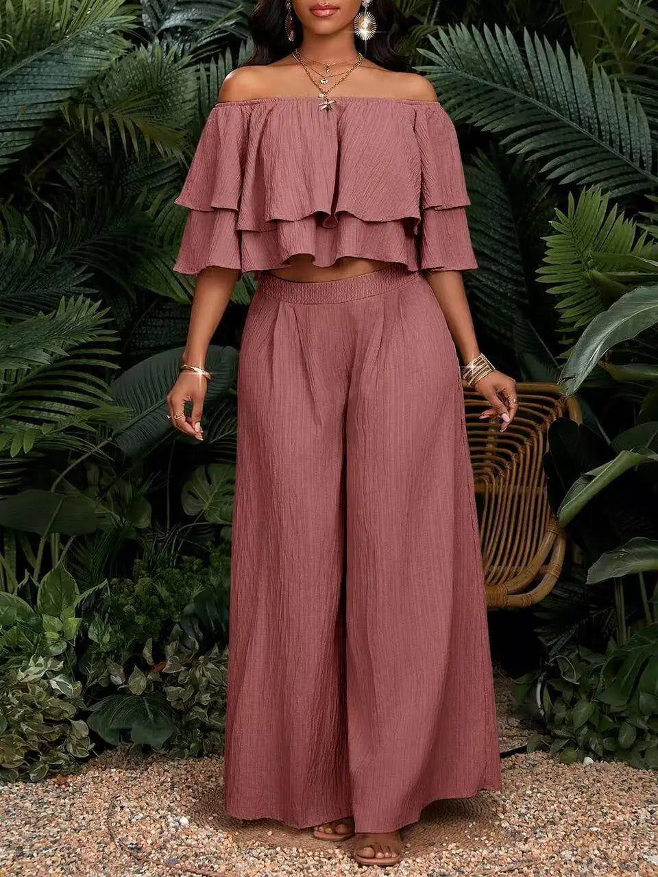Women's Off Shoulder Ruffle Crop Top With Wide Leg Pants