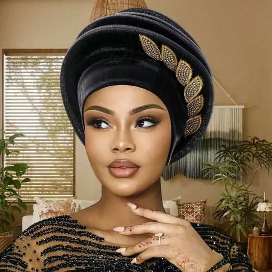 Elegant Chiffon Pleated Leaves African Turban Hat For Women