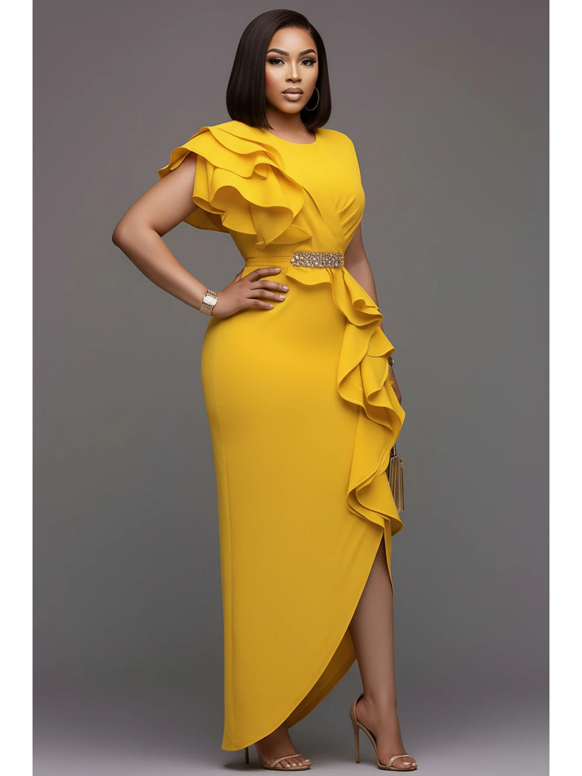 Women's Ruffle Split Maxi Bodycon Evening Party Dress