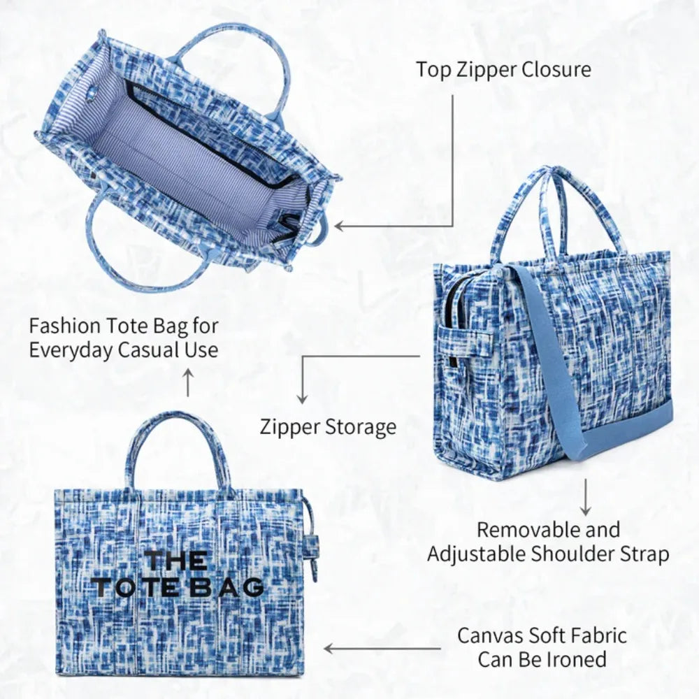 Denim Canvas Tote Bag With Zipper And Shoulder Strap