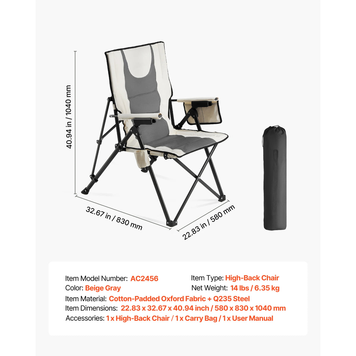 SucceBuy High Back Folding Camping Chair With Armrest