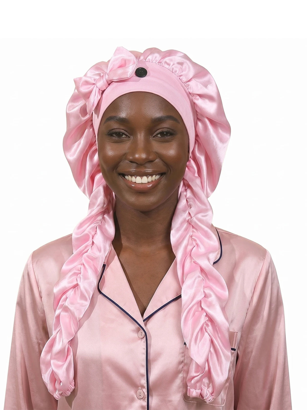 Heatless Satin Sleep Bonnet With Curling Ribbons For Hair
