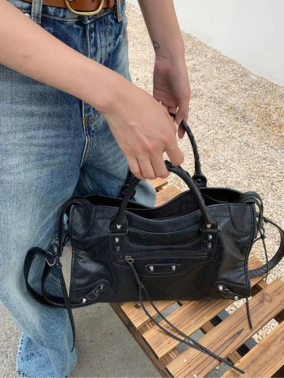 Women's Trendy Motorcycle Saddle Bag TPU Leather Shoulder Handbag