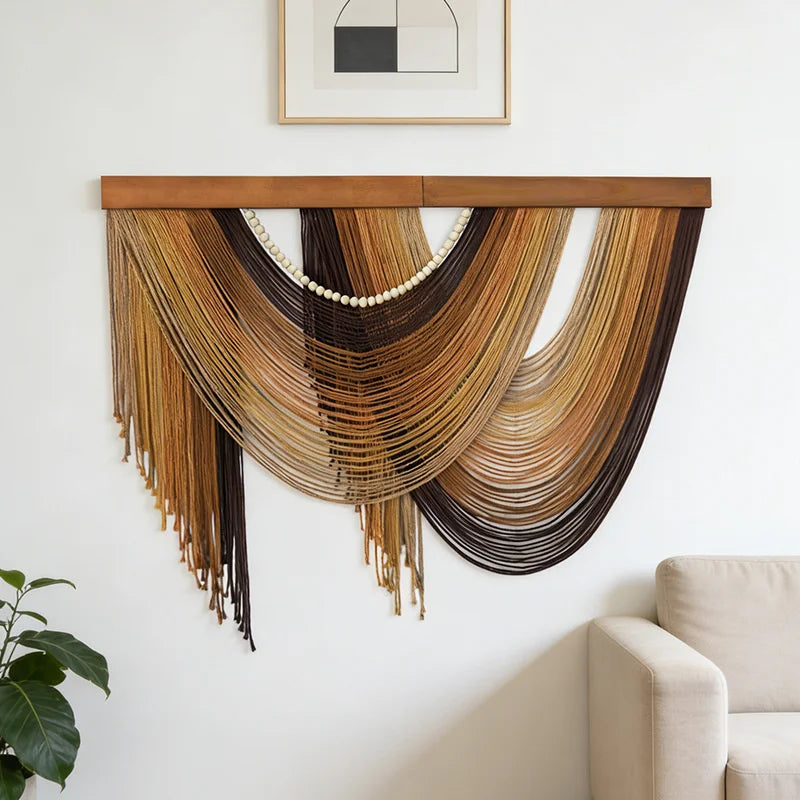 Bohemian Cotton Macrame Wall Hanging Tapestry Fringe Wooden Accent