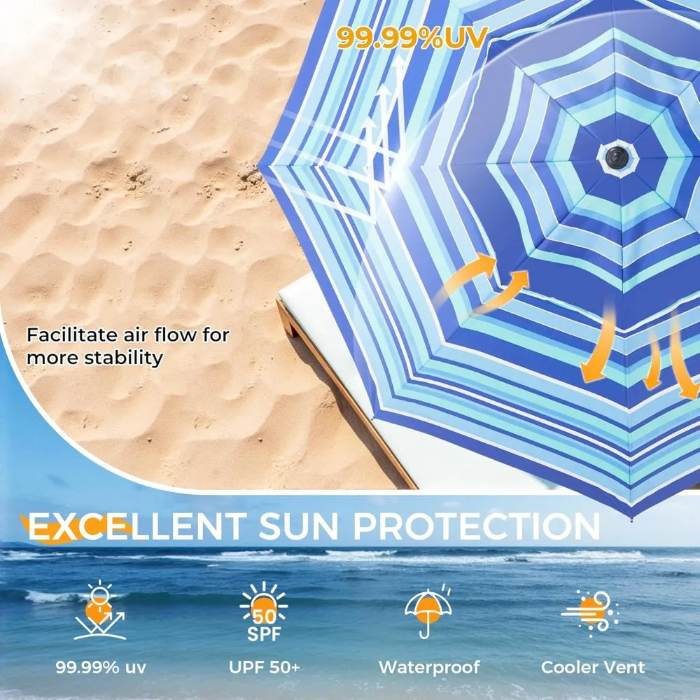 NBVCX Windproof Beach Umbrella With Adjustable Aluminum Pole And Anchor