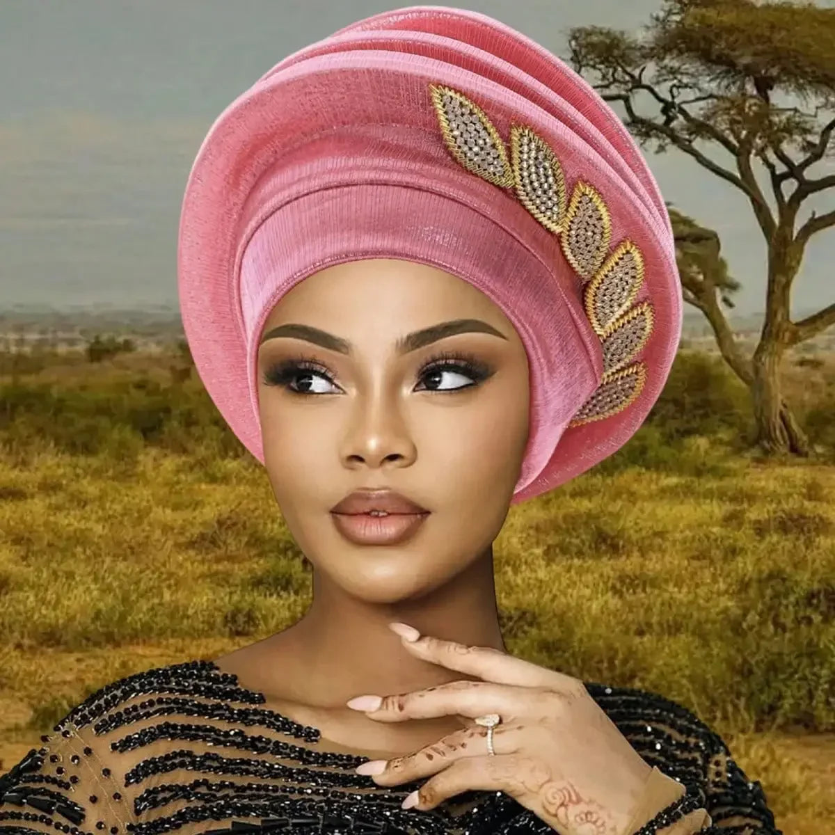 Elegant Chiffon Pleated Leaves African Turban Hat For Women