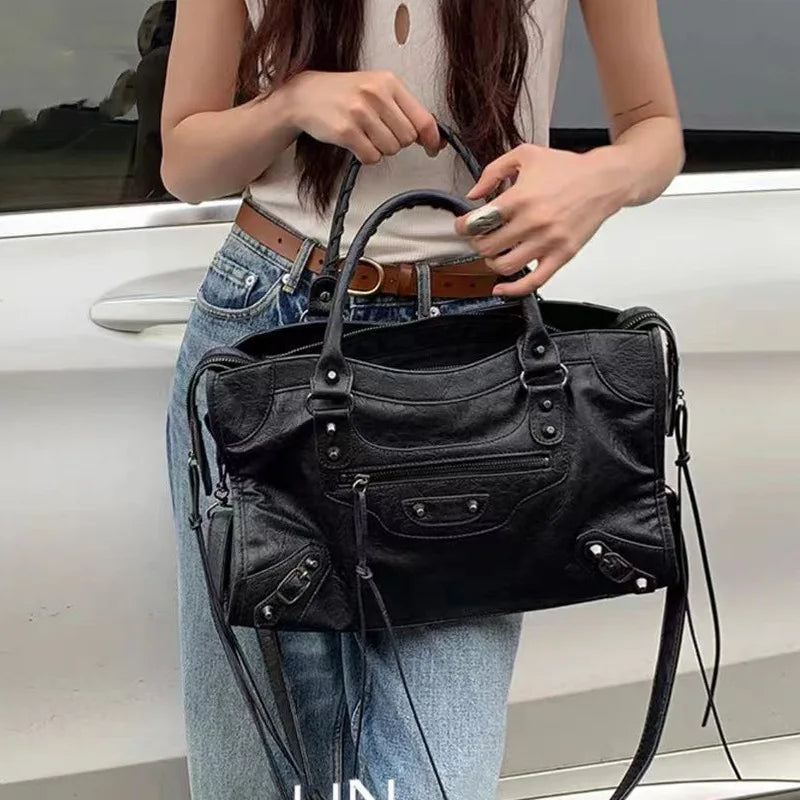 Women's Trendy Motorcycle Saddle Bag TPU Leather Shoulder Handbag