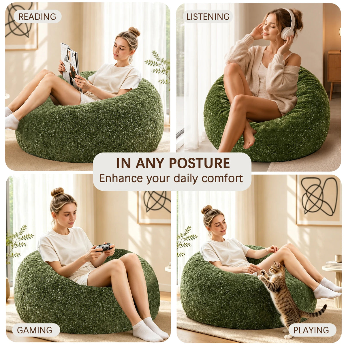 Sparkle Faux Fur Bean Bag Chair Plush Cozy Lounge Seat