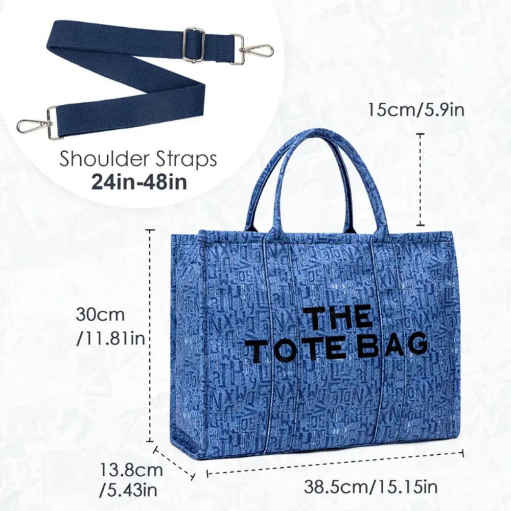 Denim Canvas Tote Bag With Zipper And Shoulder Strap