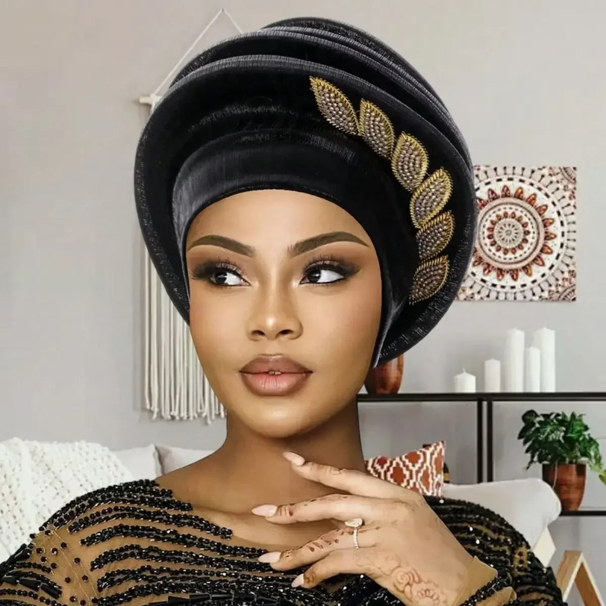 Elegant Chiffon Pleated Leaves African Turban Hat For Women