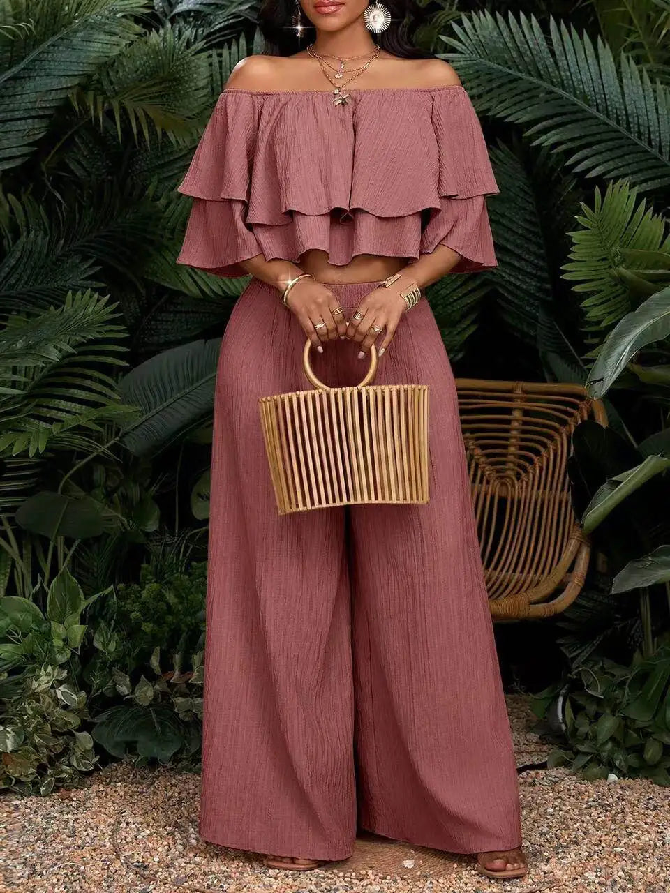 Women's Off Shoulder Ruffle Crop Top With Wide Leg Pants