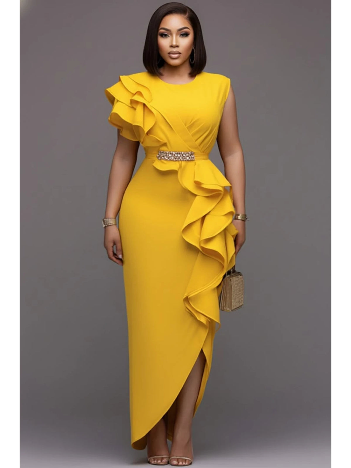 Women's Ruffle Split Maxi Bodycon Evening Party Dress