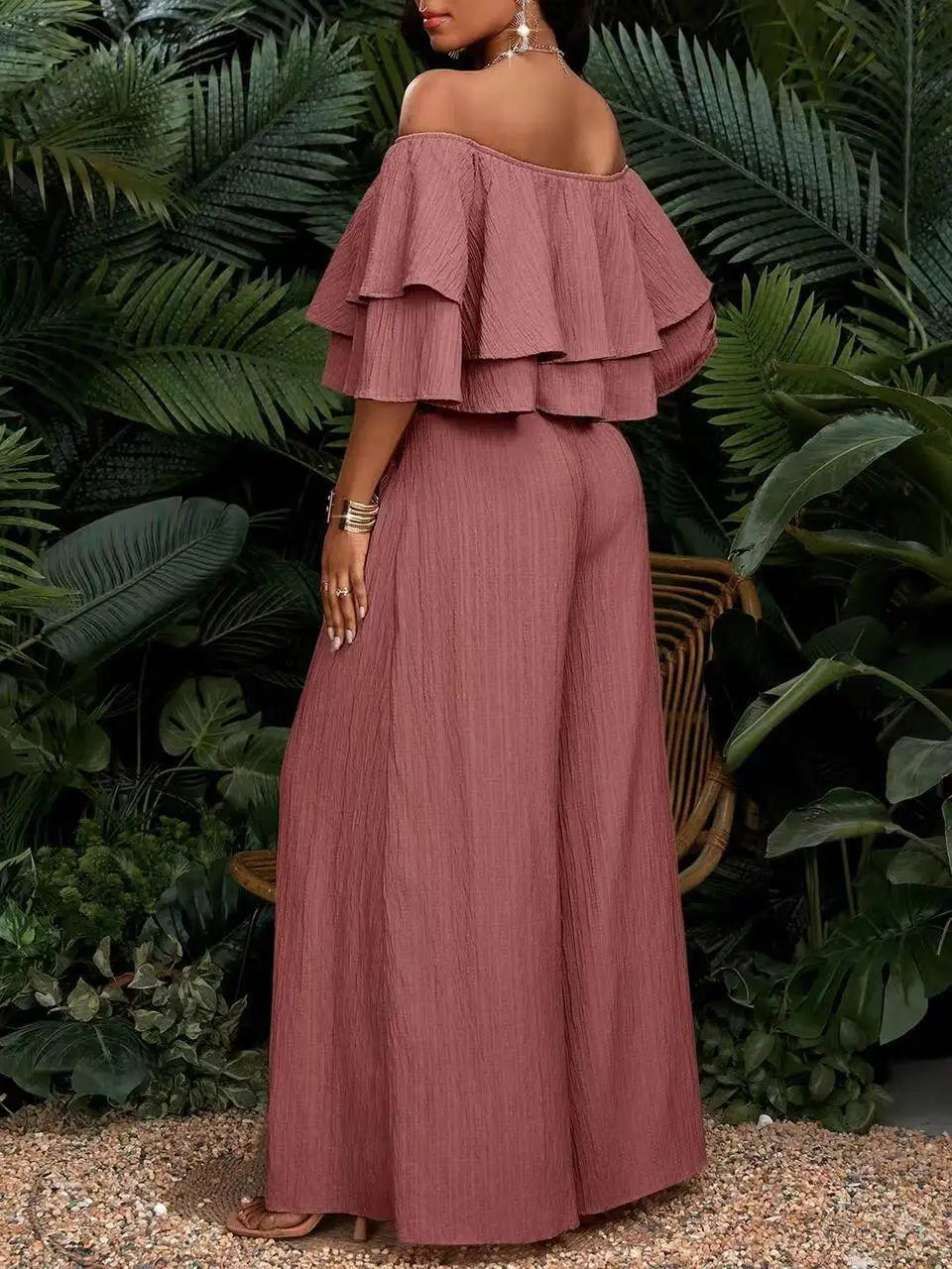 Women's Off Shoulder Ruffle Crop Top With Wide Leg Pants